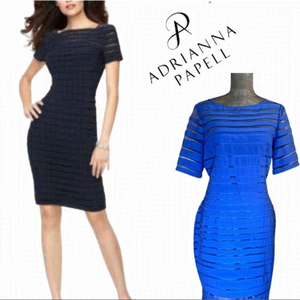 ADRIANNA PAPELL Illusion Bodice Pleated Bodycon Cocktail Dress blue Sz 10